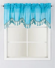 1PC BONITA SOLID COLOR SHEER WAVY VALANCE WINDOW CURTAIN W/BEAD TRIM CASCADING 