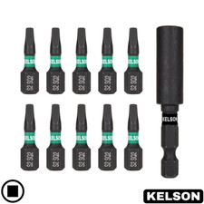 10 x SQ2 #2 Square 25mm Impact Screwdriver Bits w/ 60mm Bit Holder 1/4" KELSON