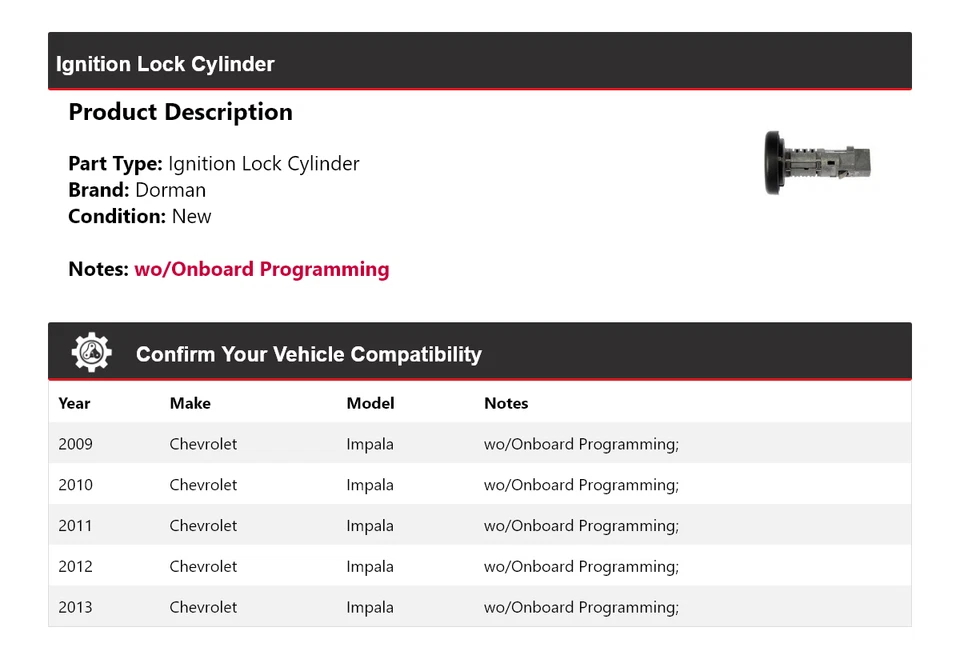 For 2009-2013 Chevrolet Impala Dorman Ignition Lock Cylinder 2010 2011 2012 - Image 2 of 4