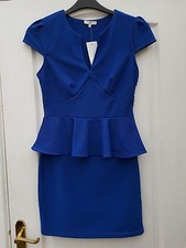 NEW LOOK ROYAL BLUE CAP SLEEVE V-NECK PEPLUM HEM BODYCON WIGGLE SHIFT DRESS - M