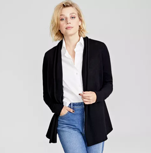 Charter Club women's 100% Cashmere open front Cardigan -petite Large / PL- Black