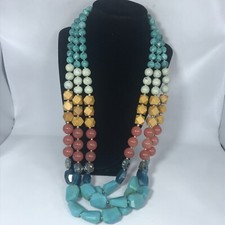 Three Strand Chunky Layered Beaded Necklace Boho Glass Wood Resin 26"