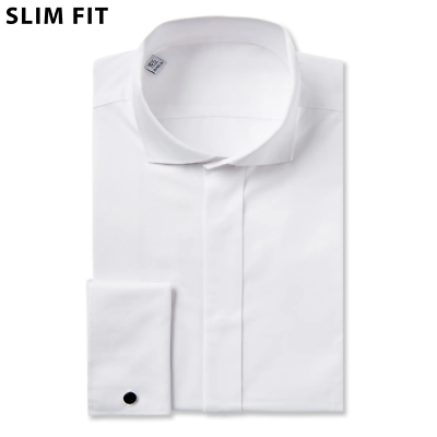 White Wing Collar Shirt Double Cuff Slim Fit Plain Long Sleeve Bow Tie Mens  | eBay