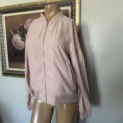 Zara women's jacket zip front outerwear lightweight taupe peach streetwear Sz L