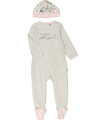 Designer Karl Lagerfeld Baby Mädchen grau/rosa Set Schlafanzug & Mütze 12 & 18 Monate