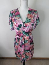 Vintage 2pc SATIN Nylon Floral mini Nightgown Short Sleeve Robe SET Medium D4S