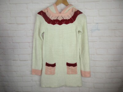 Lucky Brand Girls size Large White Pink Red Hooded Knit Sweater Dress