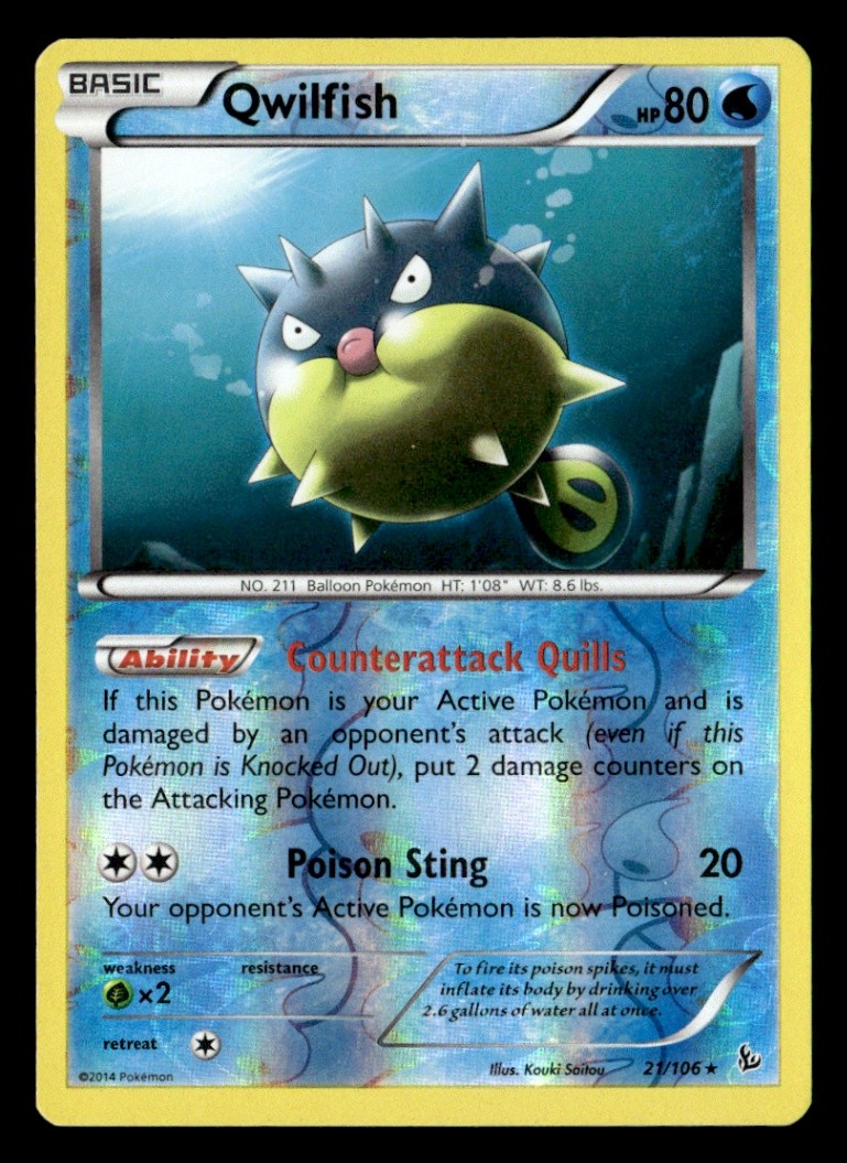 Qwilfish Rare Reverse Holo XY - Flashfire 21/106 LP Pokémon TCG