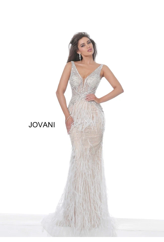 Jovani 03023 Vestido Pluma Corpiño Adornado Transparente|Crema|00|Nuevo Sin Etiquetas Foto 3 de 4