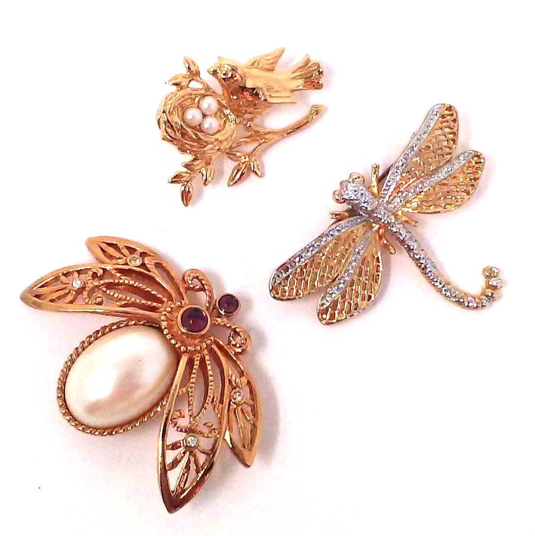 Vtg Lot of 3: Avon Pearl Bug Gold Tone Brooch Pin + Dragonfly & Bird Pearl Nest