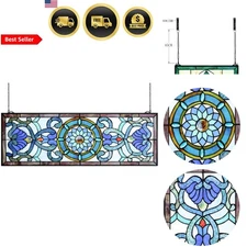 Large Blue Victorian Stained Glass Window Panel 35 Inch Transom Hanging Decor