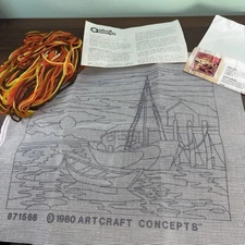 Artcraft Concepts Needlepoint Yarn Canvas 5504 Sunset Harbor Sunset Orange Boats