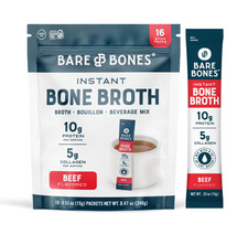Bare Bones Beef Bone Broth   Instant Powder, 10g Protein, Keto, 16 Pack