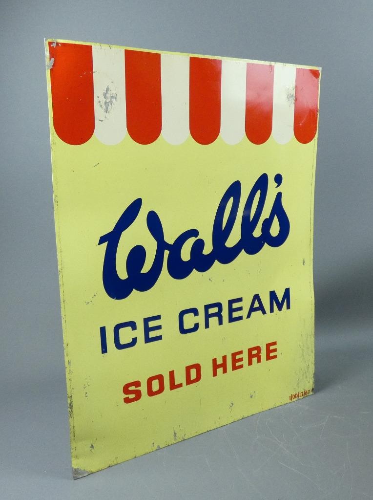 Vintage Wall's Ice Cream Sold Here Double Sided Lithographed Alloy Sign c1963