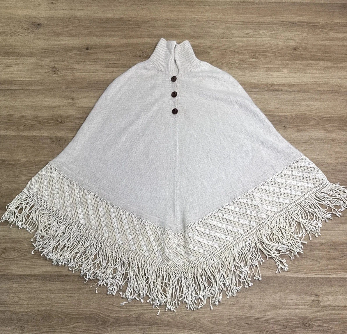 Los Andes Alpaca Poncho Cream Fringe Cape Handmade Bolivia Boho OS