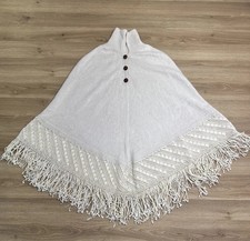 Los Andes Alpaca Poncho Cream Fringe Cape Handmade Bolivia Boho OS