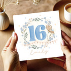 Personalised 16th Birthday Card Blue Floral For Her