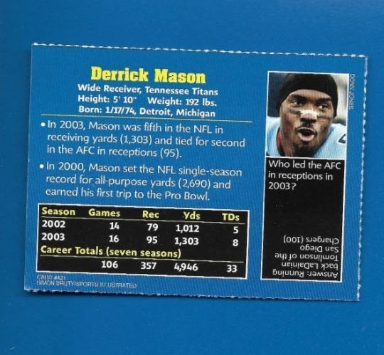 2004 Sports Illustrated SI Kids Derrick Mason Card, Tennessee Titans #421 - Image 2 of 2