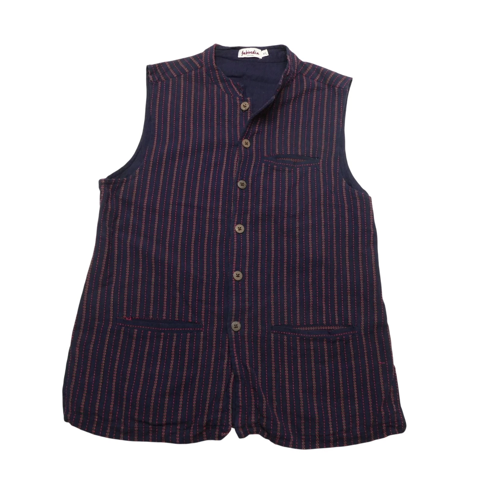 Fabindia Vest Mens 40 Blue Striped Cotton Lined Button Front Casual Travel