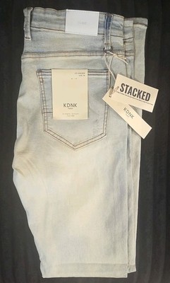 KDNK Light Blue Stacked Embellished Denim Straight Jeans Button Zip Men's