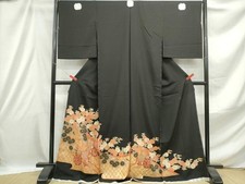 Japanese Kimono Luxurious Black Tomesode Piece Embroidery Imperial Car Flower