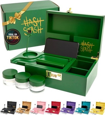 Premium Bamboo Lock Box with Combo Lock, Organizer Tray, 3 Jars & Brush Kit