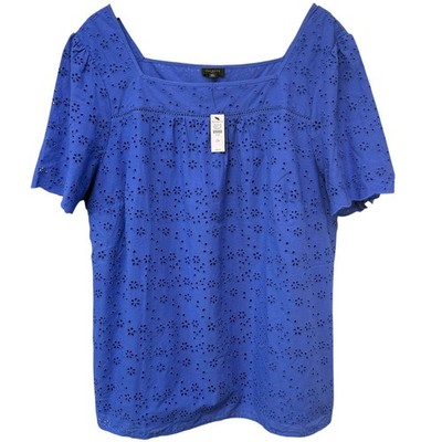TALBOTS Womens Eyelet Top Plus Size 2X Royal Blue Short Sleeve Blouse Cotton NWT