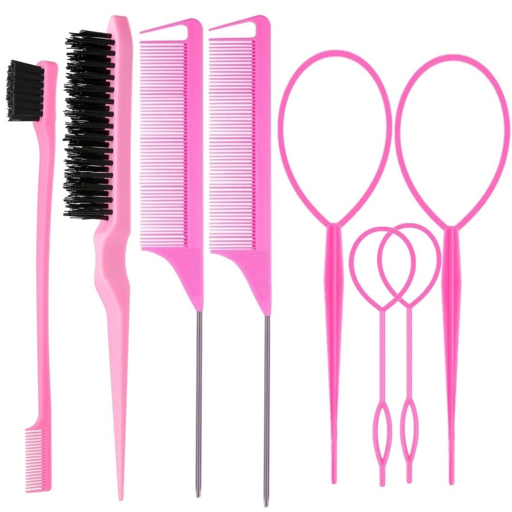 8 Piece Hair Brush Set with 4 Topsy Tail Tools Teasing Brush Edge Control Brush