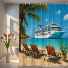 Tropical Beach Shower Curtain - Cruise Ship Design, Waterproof Fabric