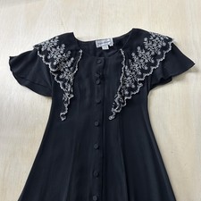 Vintage Karin Stevens Dress Womens 6 Black Floral Embroidered Button Front Maxi