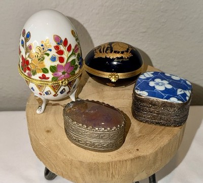Lot of 4 Decorative Trinket Boxes Limoges Castel Egg Porcelain & Metal Keepsake