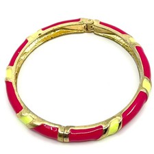 VTG Pink Lime Enamel Gold Tone Hinged Bangle Bracelet Y2K Color Block Jewelry