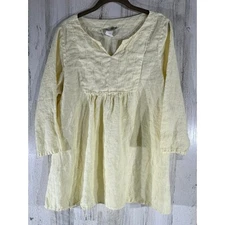 Match Point Tunic Size Medium Pale Yellow Pleated Notch Neck 100% Linen Prairie