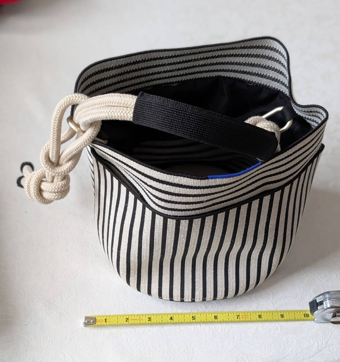Rothy's Striped Bucket Bag Knotted Rope Accent Drawstring Closure
