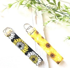 Floral Fabric Key Chain Daisy Sunflower Design Yellow Black White for Women