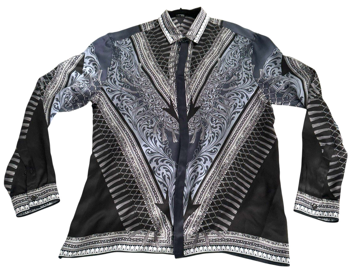 Versace Collection City Men's Size 42 100percent Silk Shirt Blue Gray Button Front EUC