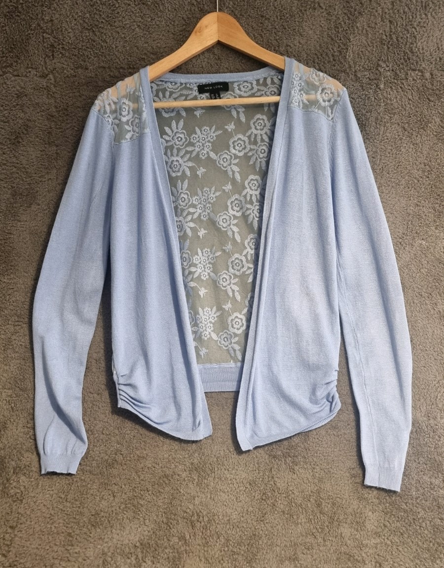 New Look Pale Blue Sheer Lace Back Cardigan UK 12 Lightweight Summer Holiday image 2