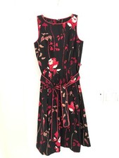 Talbots Women Black Red Floral Midi Dress Size 2 Belted Pleated Sleeveless