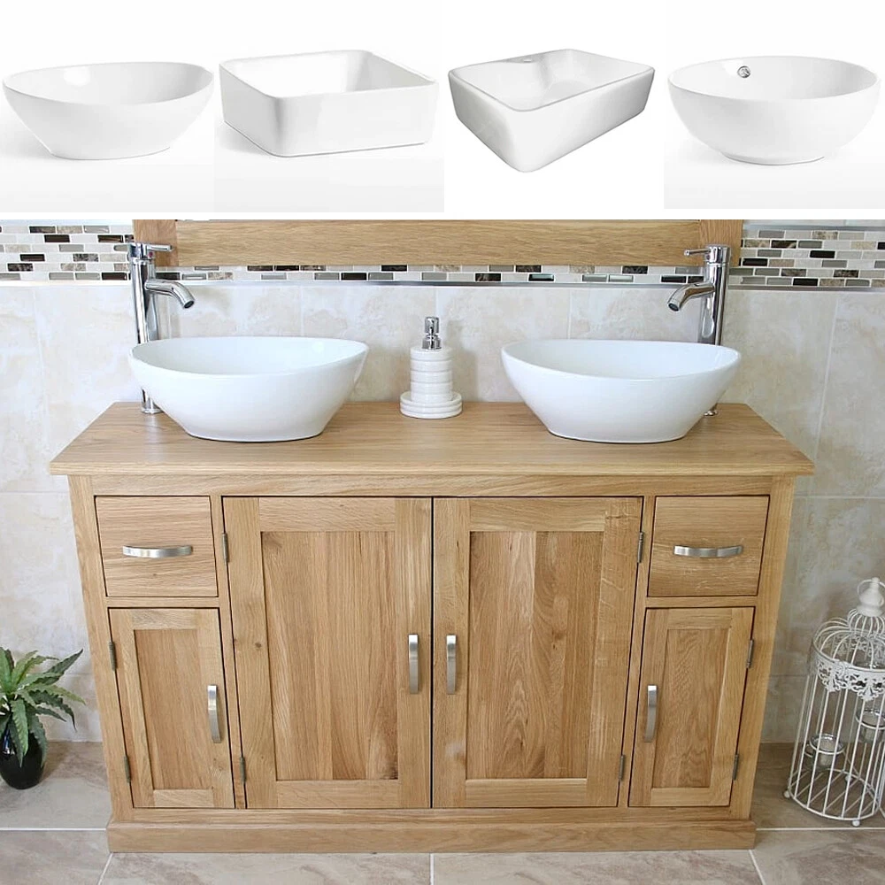Bathroom Vanity Unit Oak Sink Cabinet Double Ceramic Wash Basin Tap Plug