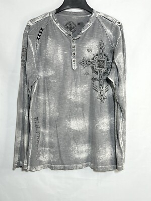 Rare Affliction XL Cross Angel Wings   Long Sleeve   Distressed   Henley Gray