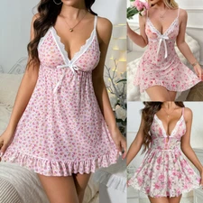 Sexy Women V-Neck Lingerie Lace Babydoll Mini Nightwear Sleepwear Slip Dress Set