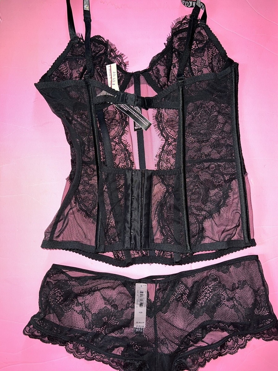 Victoria's Secret M Corsetto + Teddy Pezzo Unico Body + Slip Pizzo Nero  Shine