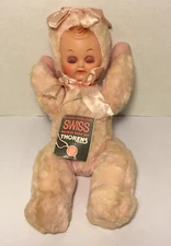 Vintage 14” Plush Baby CHARACTER Doll Rubber Face Thorens Music Box Tags READ
