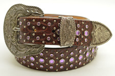 Ariat Burgundy Leather Belt 30/75 Purple Crystals Stud Floral Silver Tone Buckle