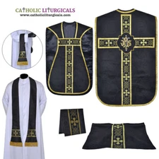 NEW Black Roman Fiddleback Chasuble, Fiddleback Vestment 5pcs Mass Set, Casulla