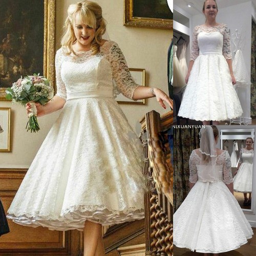 A Line Lace Wedding Dresses Tea Length 