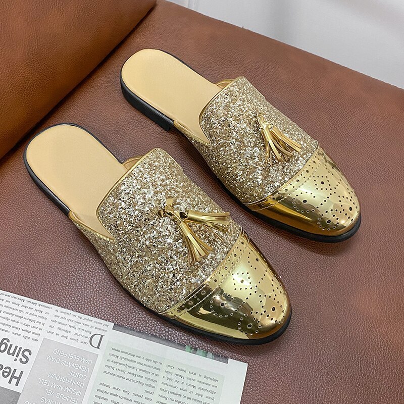 PANTOFOLA D’ORO Mocassini da uomo di lusso casual Bling paillettes mezze ciabatte slip on ballerine