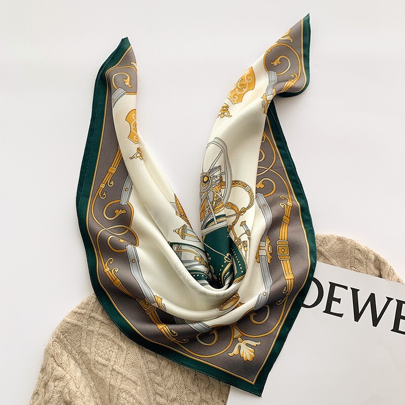 100% Silk 26-Inch Vintage Green Carriage Scarf for Women - Head Neck Hair Bandana