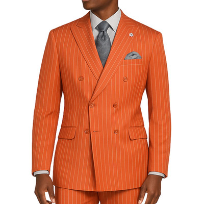 Orange Men's Pinstripe Double-Breasted Peak Lapel Formal Reg-Fit Suit Two Pieces