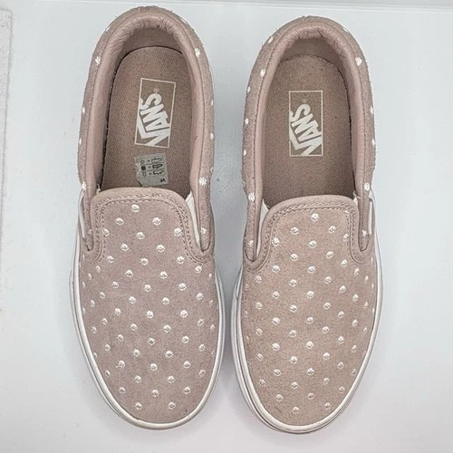 Vans US Kids Girls Sz 2.5 Slip Ons Dusty Pink Suede White Polka Dots GUC